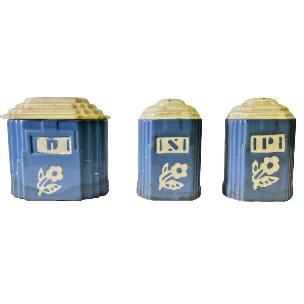 Vintage Harker Pottery Cameoware Blue Dainty Flower Canister, Salt, & Pepper